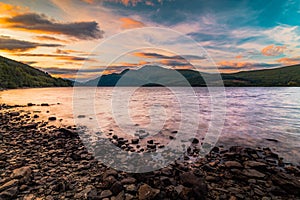 A sunset over Loch Lomond in Scotland