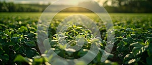 Sunset over Lush Soybean Field: Nature\'s Harmony. Concept Nature Photography, Landscape Beauty,