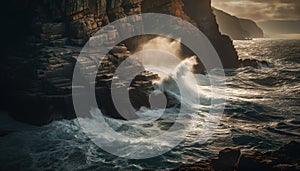 Sunset over majestic Big Sur, breaking waves on rocky coastline generated by AI