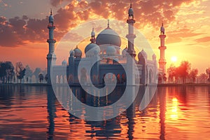 Sunset over a majestic mosque reflecting on water, perfect for religious and cultural themes. Card for an Islamic