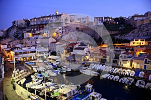 Sunset over the marina of the Vallon des Auffes, Parc National des Calanques, Marseille, France