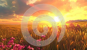 Sunset over meadow, golden wheat, vibrant flowers, tranquil nature