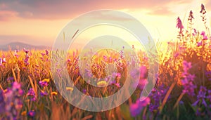 Sunset over meadow, golden wheat, vibrant flowers, tranquil nature