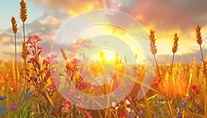 Sunset over meadow, golden wheat, vibrant flowers, tranquil nature