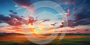 Sunset over a meadow with grass and flowers in the foreground