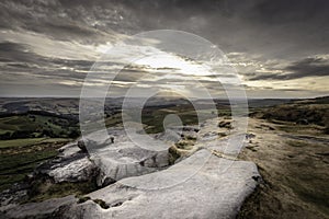 Sunset over moorland in Peak District National Park, Derbyshire, Uk