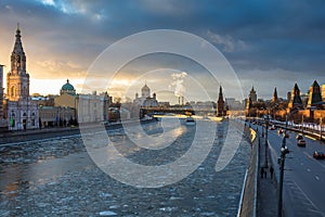 Sunset over Moscow river and Kremlin embankment at winter