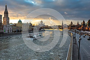 Sunset over Moscow river and Kremlin embankment at winter