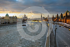 Sunset over Moscow river and Kremlin embankment at winter