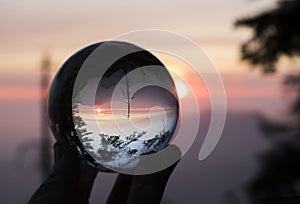 Sunset over Mountain Range with Trees in Silhouette Captured in