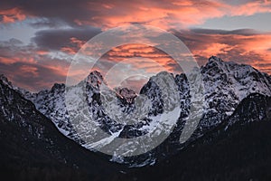 Sunset over mountains above Kranjska Gora