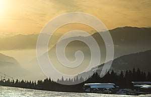 Sunset over the mountains, winter landscape