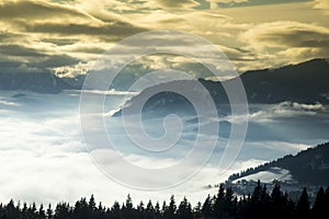 Sunset over the mountains, winter landscape