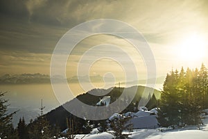 Sunset over the mountains, winter landscape