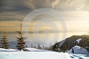 Sunset over the mountains, winter landscape