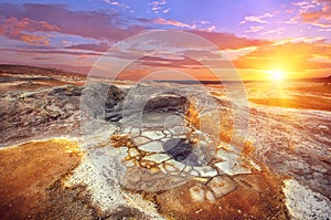 Sunset over mudpot field in Iceland