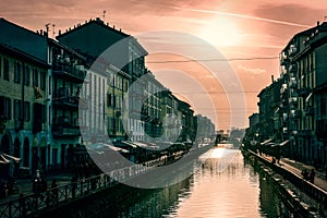 Sunset over Navigli district, Milan, Italy