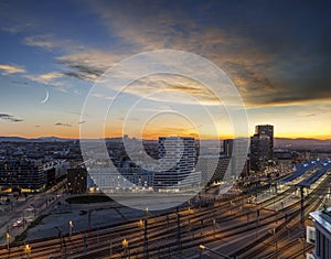 Sunset over the new Main Railway Station of Vienna