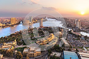 Sunset over the Nile in Cairo, aerial view, Egypt