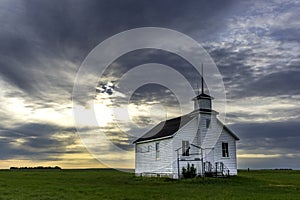 Sunset over North Saskatchewan Landing Schoolhouse near Kyle, Saskatchewan