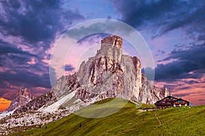 Sunset over Nuvolau massif in Dolomiti, Italy