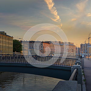 Sunset over the Obvodny canal embankment in St. Petersburg