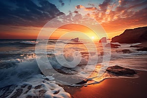 Sunset over the ocean. Beautiful seascape with foamy surf. Natural composition