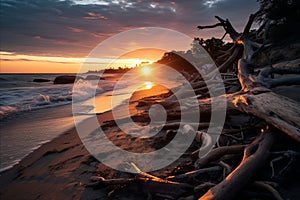 a sunset over the ocean with driftwood on the beach