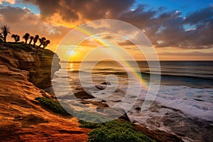 Sunset over the ocean in Laguna Beach, California, USA, A dreamy oceanside with a rainbow on the horizon after a storm, AI