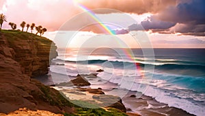 Sunset over the ocean in Laguna Beach, California, USA, A dreamy oceanside with a rainbow on the horizon after a storm, AI