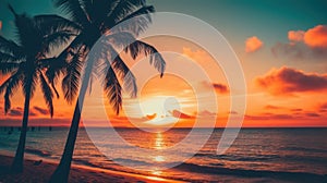 A sunset over the ocean with palm trees in the foreground. Generative AI image.