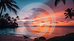 A sunset over the ocean with palm trees in the foreground. Generative AI image.