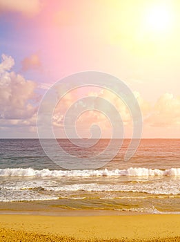 Sunset over ocean, sea waves and sand