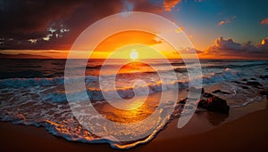 a sunset over the ocean with waves crashing on the shore and the sun setting in the distance with clouds in the sky and the water