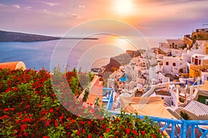 Sunset over Oia town on Santorini island in summer. Santorini, Greece