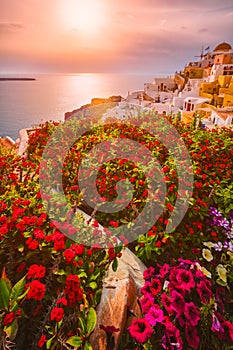 Sunset over Oia town on Santorini island in summer. Santorini, Greece