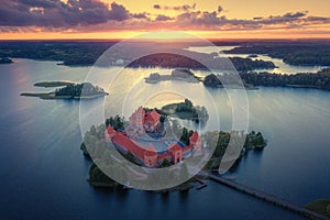 Sunset over old castle Trakai in Lithuania, aerial view