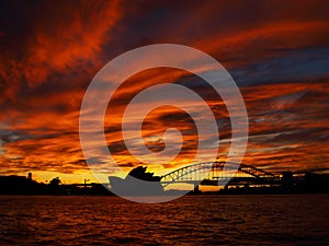 Sunset over the Opera House and the Harbour Bridge