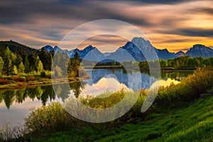 Sunset over Oxbow Bend of the Snake River in Grand Teton National Park, Wyoming