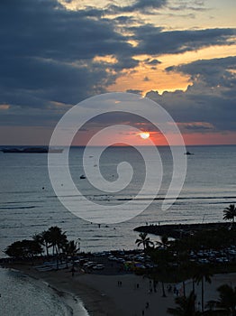Sunset over the Pacific on the Island Oahu, Waikiki Beach, Honolulu, Hawaii