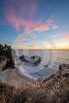 Sunset over the Pacific Ocean and McWay Falls in Big Sur, California