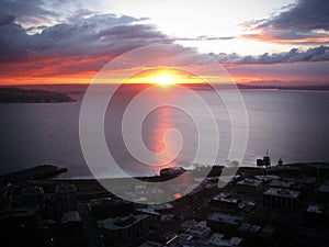 Sunset over the Pacific Ocean from the Space Needle, Seattle, Washington, USA, January 2008