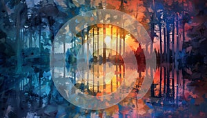 Sunset over the painted image of a fantasy forest, reflecting beauty in nature