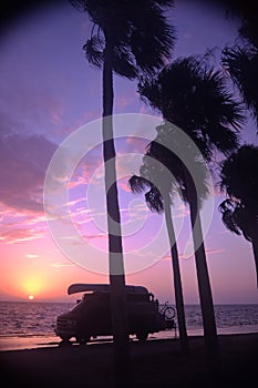 Sunset over palm trees and a Hippie van on the beach, St Pete Florida