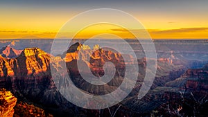 Sunset over the peaks of the Grand Canyon viewed from the terrace of the Lodge on the North Rim of the Grand Canyon