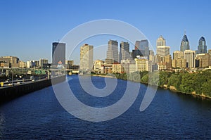 Sunset over Philadelphia skyline from the Schuylkill River, PA