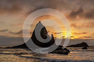 Sunset over picturesque Martin`s Beach near Half Moon Bay.