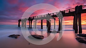 sunset over the pier A sunset or sunrise landscape, panorama of beautiful nature, beach with colorful red, orange and purple