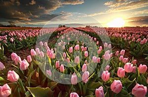 Sunset over pink tulip field