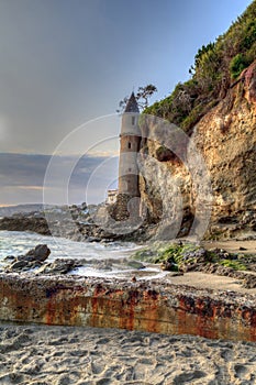 Sunset over Pirates tower at Victoria Beach in Laguna Beach